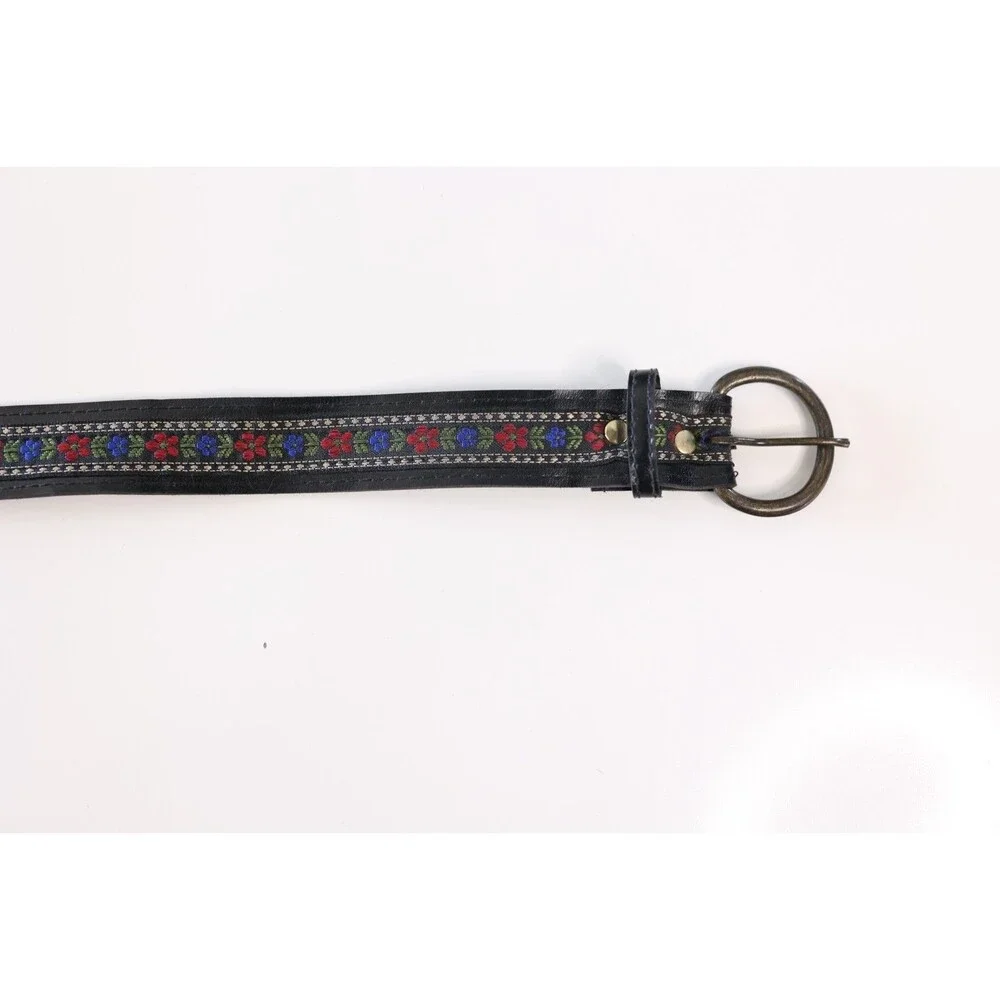Vintage Women's Black Floral Folk Leather Round Buckle Belt Boho Western